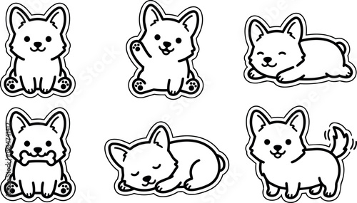 Six cute corgi dogs in various poses
