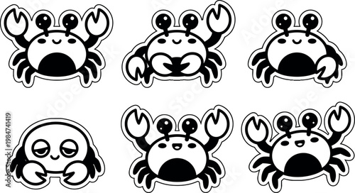 Set of six cute black and white cartoon crab characters with different facial expressions and claw positions