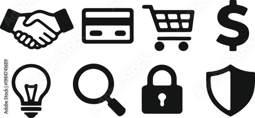 Business and finance icons set handshake card shopping money and security