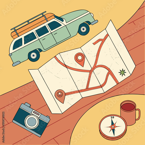 Vintage car parked next to an open map with navigation pins camera coffee cup road trip station wagon luggage rack old car retro car old fashioned navigation vacation adventure destination