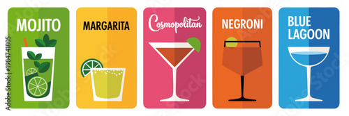 Set of Colorful Cocktail Cards Minimal Flat Design Mojito Margarita Cosmopolitan Negroni Blue Lagoon Bar Menu Templates