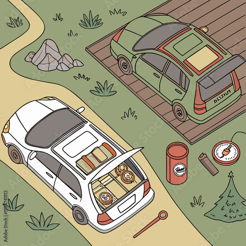 Two cars packed for a trip with trunks open outdoors station wagon road trip tire gauge green car white car vacation adventure transport automobile prepared open trunk destination