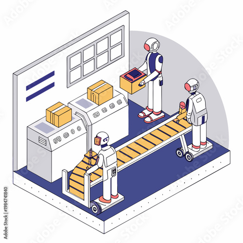 Robots operating a conveyor belt system in a warehouse packing boxes one robot places a box onto the belt while another transfers items the scene depicts industrial automation assembly line