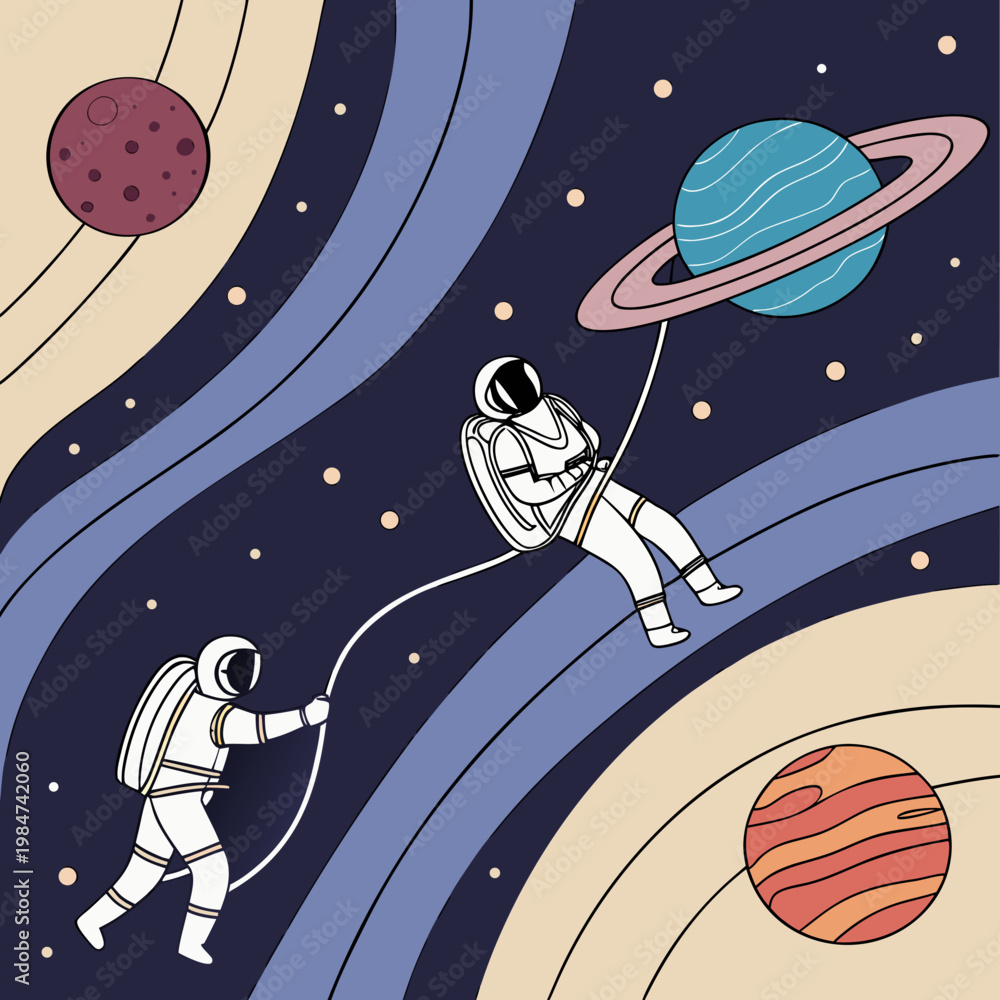 Fototapeta premium Astronauts drifting in surreal cosmic environment with outer space deep space zero gravity astronaut suit ringed planet astronaut universe exploration abstract colorful floating drifting