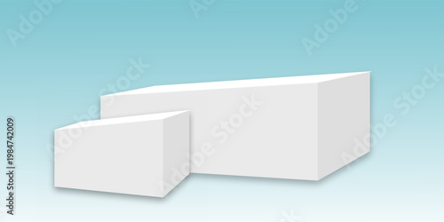 Side panels of two rectangular prism shaped display stands. White podium for show, presentation product background with blue sky, vector illustration