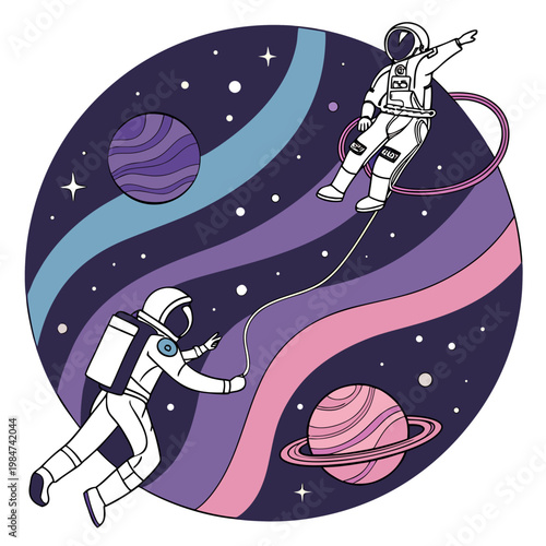 Astronauts floating in colorful galaxy with planets outer space astronaut suit zero gravity deep space ringed planet astronaut exploration universe adventure astronomy floating drifting