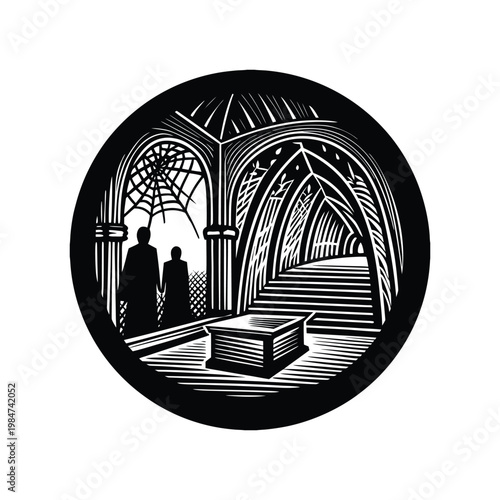 Mysterious gothic architecture with two figures and spider web