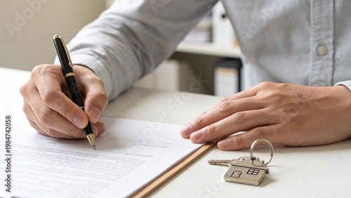 Person signing real estate documents with house keys, symbolizing home ownership and investment in a modern setting.