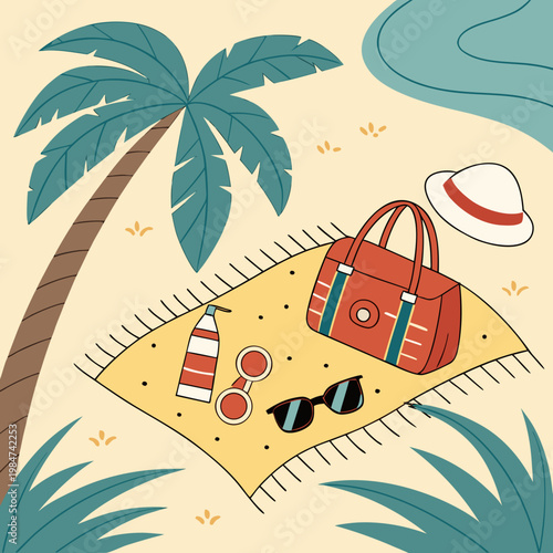Beach blanket with tropical palm tree sunscreen sunglasses and bag personal items flat lay leisure time tropical sunscreen sunglasses vacation relaxation accessories illustration minimalist
