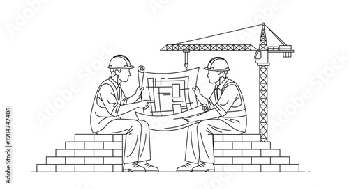 Two construction workers sitting on break sharing coffee and lunch.