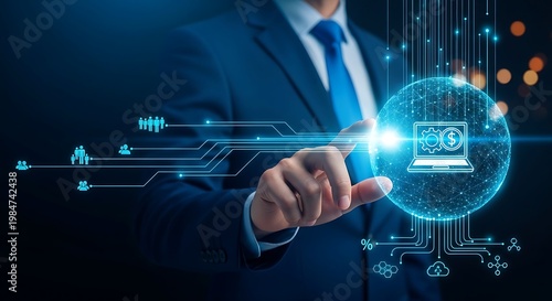 Businessman in blue suit interacting with digital interface on laptop screen with glowing blue