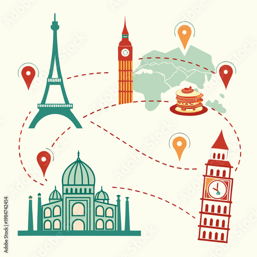 World travel itinerary with famous landmarks eiffel tower taj mahal big ben flat design dotted line dashed line itinerary landmarks vacation destination illustration location connection