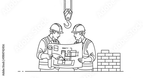 Two Construction Workers Reviewing Building Plans.