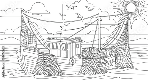Small commercial fishing boat with heavy nets deployed in the open sea under a bright sun and fluffy clouds depicted in a clean black line art style.