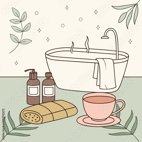 Home spa setup with bathtub toiletries tea rolled towel self care flat design bathroom relaxation cleanliness wellness toiletries interior illustration minimalist background lifestyle