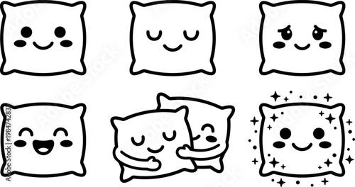 Cute pillow faces with various emotions in black and white vector line art