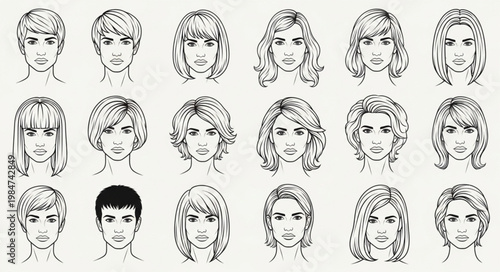 Variety of Female Hairstyle Sketch Head Portraits.