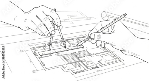 Two Hands Drafting Architectural Technical Drawing with Compass.