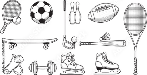 Variety of sports equipment illustration a collection of athletic gear in black and white