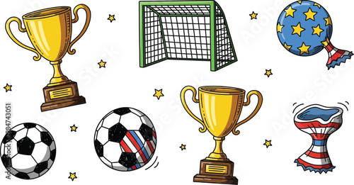 Colorful sketch of sports equipment trophies soccer ball goal and maracas