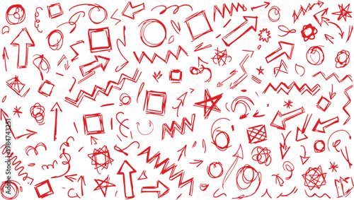 Chaotic red scribbles a dense collection of hand drawn arrows shapes and abstract marks on white background
