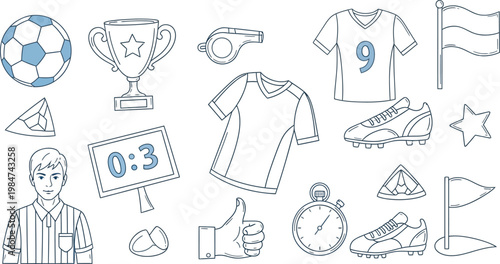 Line art illustration of various soccer related objects including a ball trophy jersey and cleats