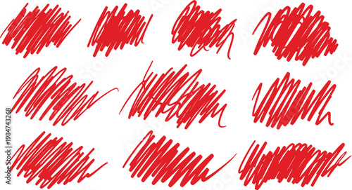 Abstract red scribbles a collection of nine chaotic brushstroke patterns on a white background