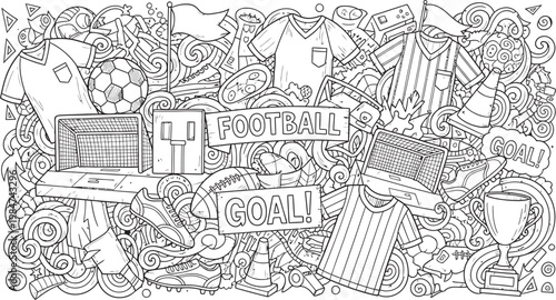 Intricate doodle art a black and white chaotic scene of buildings objects and abstract shapes