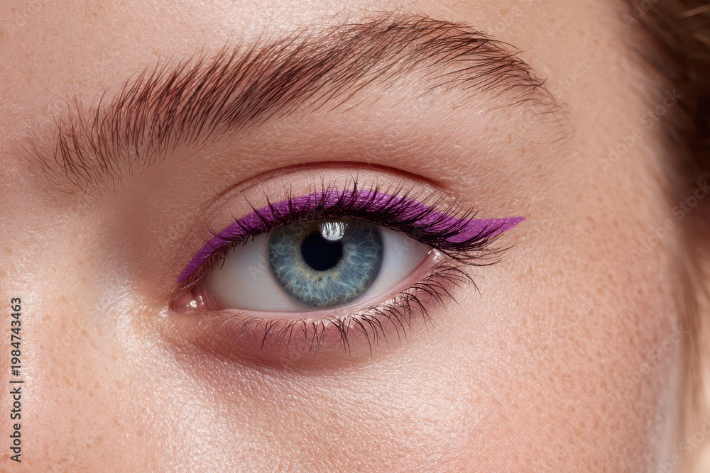 Fototapeta premium A close-up captures a beautiful blue eye adorned with a delicately applied, light purple winged eyeliner.