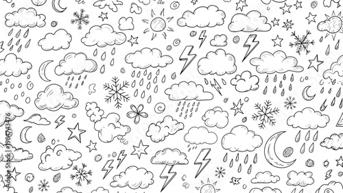 Whimsical black and white doodle pattern a seamless repeat of playful hand drawn elements