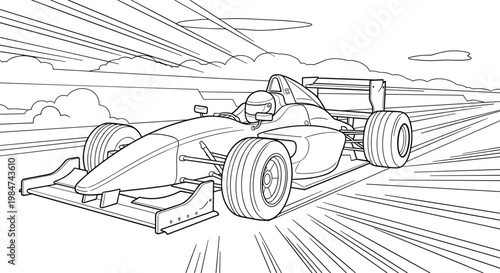 A high-performance Formula One race car speeds down the track with an aerodynamic nose cone and open cockpit in this detailed black and white line art.