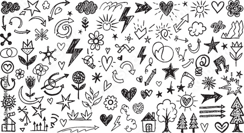 Intricate black and white doodle collection a whimsical array of hand drawn symbols and illustrations
