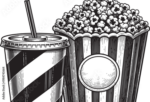 Vintage style illustration of a soda and popcorn combo evoking a classic movie theater experience
