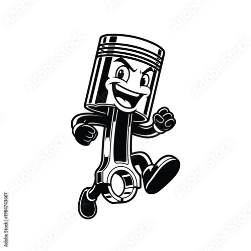 A cartoon piston mascot with a grinning face and expressive eyes runs energetically, depicted in a dynamic, bold black and white illustration against a stark white background