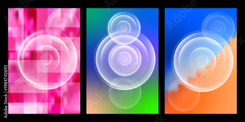 Abstract digital art triptych featuring colorful pixelated backgrounds and translucent spheres Vector