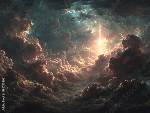 A breathtaking aerial view of a sea of fluffy clouds, with a glowing golden Christian cross shining through the sunrise, set against a starry night sky transitioning to dawn.