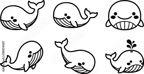 Black and white cute whale line art set with smiling faces and water splash