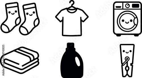 Cute socks t shirt washing machine towel detergent and clothespin line art icons