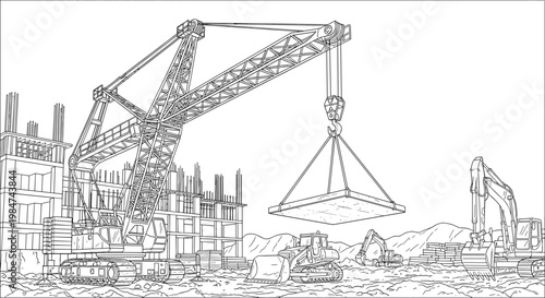 A massive construction crane lifts a heavy concrete slab at an active building site with an excavator nearby in this detailed black and white line art.