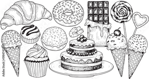 A delightful monochrome collection of various sweet treats including pastries cakes and ice cream cones beautifully illustrated