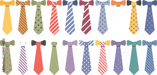 Set of colorful neckties and bow ties with various patterns, stylish men accessories for business and party outfits in flat vector illustration