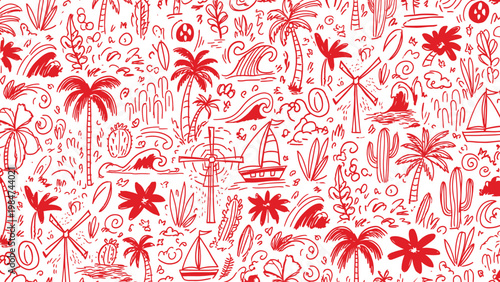 Whimsical tropical landscape a vibrant and chaotic illustration of a tropical scene with red and white elements