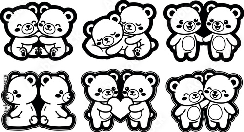 Six pairs of hugging and loving bear cubs with heart