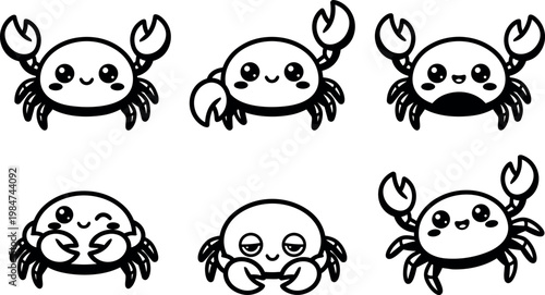 Cute black and white kawaii crab characters with various cheerful expressions vector art