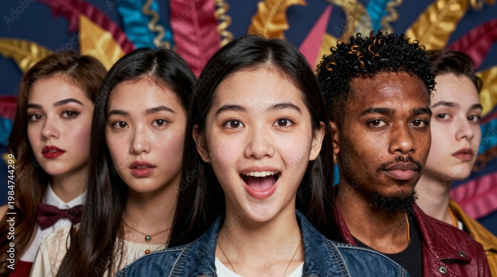 Fototapeta premium Diverse Group of Young Adults Smiling with Colorful Background