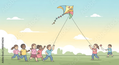 Joyful Children Flying a Kite in a Sunny Meadow