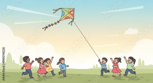 Joyful Children Flying a Kite in a Sunny Meadow