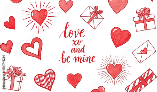 A vibrant repeating pattern of hearts gifts and love lettering for valentine's day celebrations