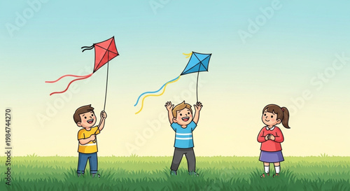 Joyful Children Flying Kites in a Sunny Meadow