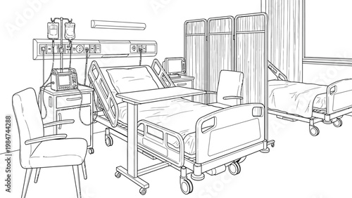 Sketch of an industrial setting with machinery and equipment depicting a complex mechanical layout